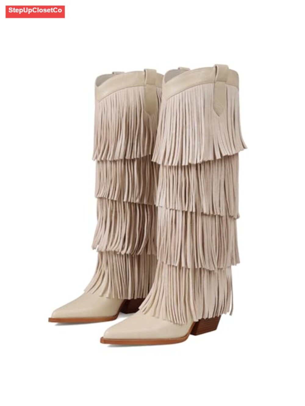 Womens Fringe Knee High Western Cowboy Boots Chunky Heel Pointed Toe Pull On